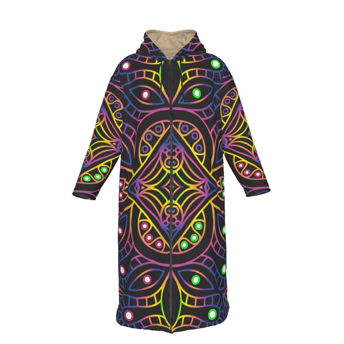 The Cosmic Featherbed Cloak by The Mothership Landing: neon jeweled circuit linework on black