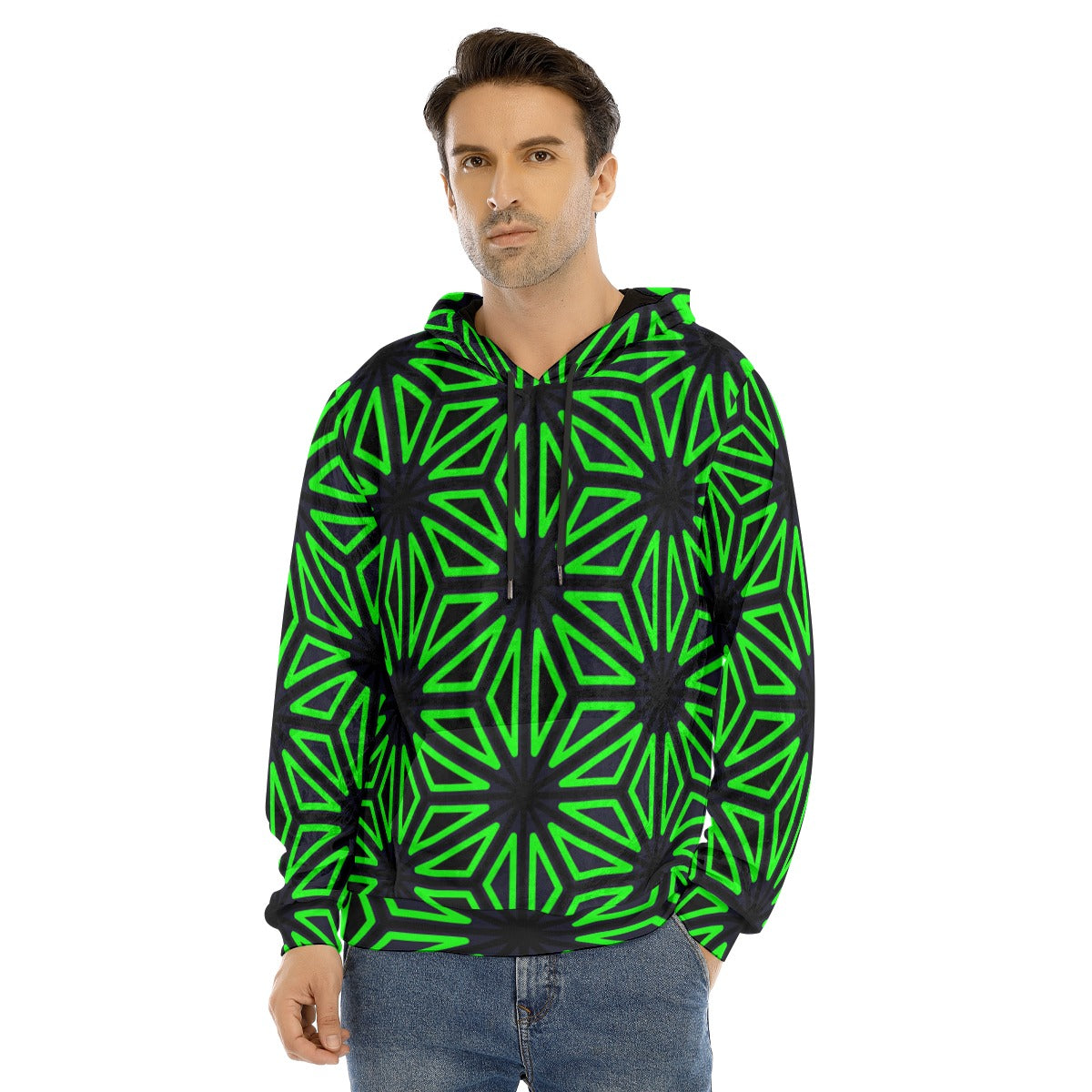 The Samurai Star Hoodie by The Mothership Landing: neon green asanoha hemp star pattern on black