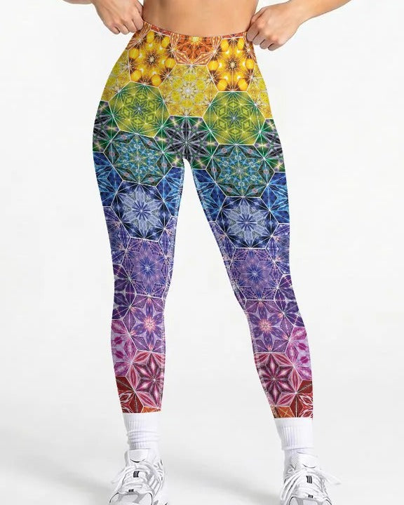 The Mothership Earth high-waist leggings, full-length fit on model, waist to ankle