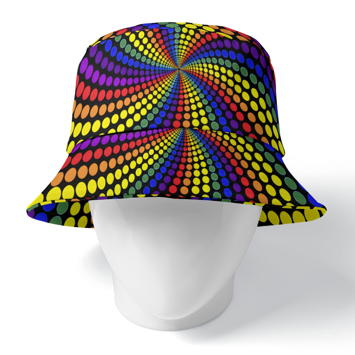 The Spectral Vortex Bucket Hat by The Mothership Landing: reversible rainbow op art dot spiral