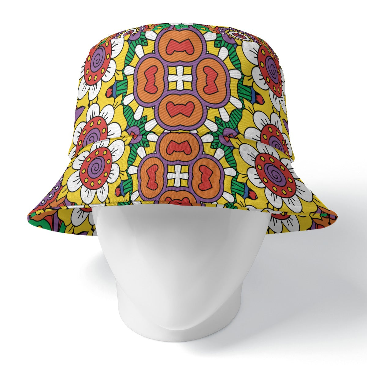 The Further Still Bucket Hat by The Mothership Landing: reversible 1960s flower power daisies on yellow