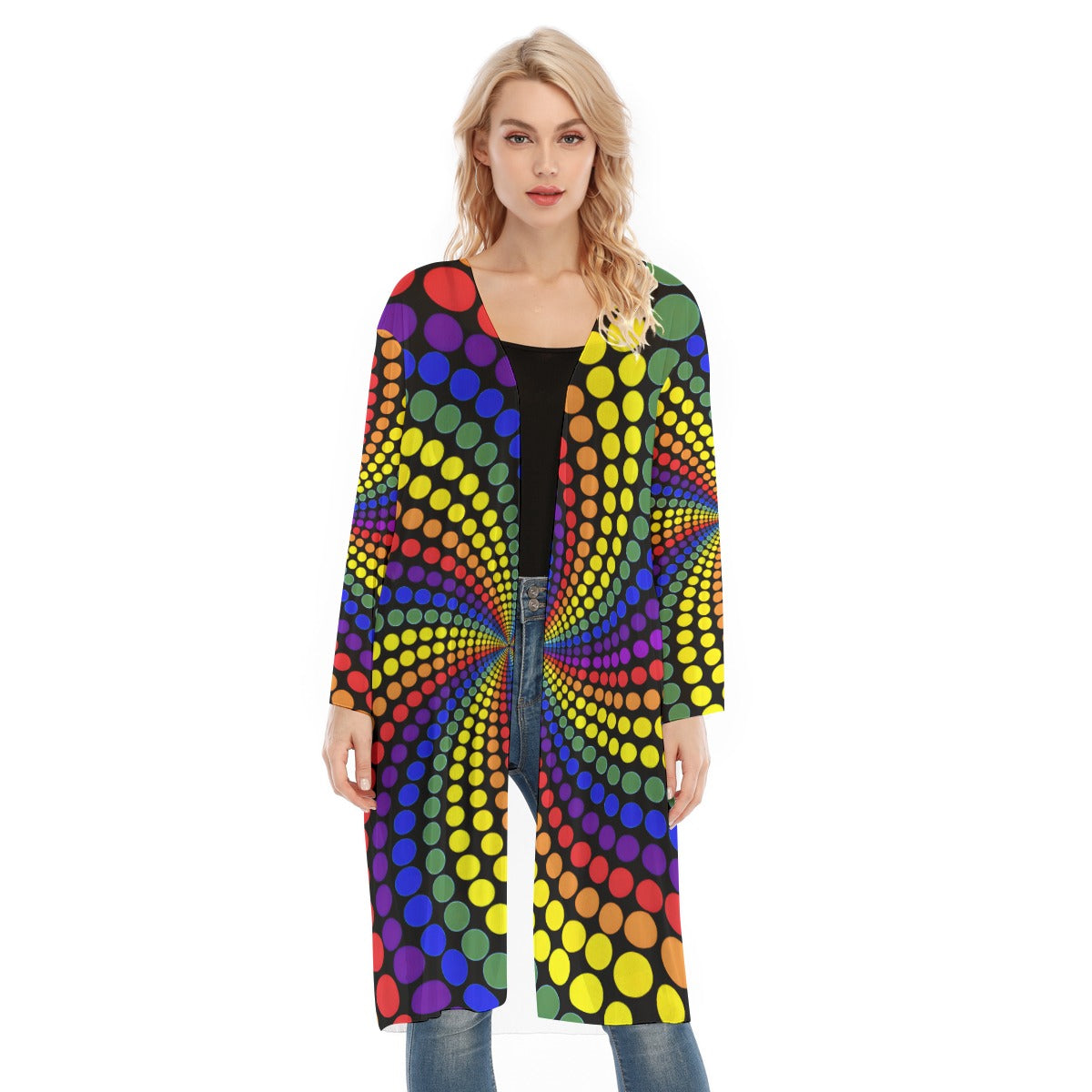 The Spectral Vortex Mesh Cardigan by The Mothership Landing: rainbow swirl on sheer black mesh