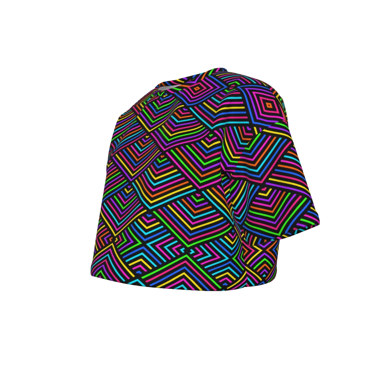 Cropped Tee in the Axis Mundi neon-rainbow sacred-geometry print, floating on deep space black