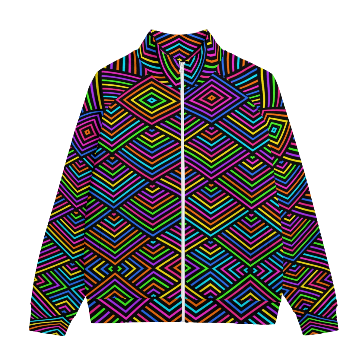Bomber jacket in the Axis Mundi neon-rainbow sacred-geometry print, floating on deep space black